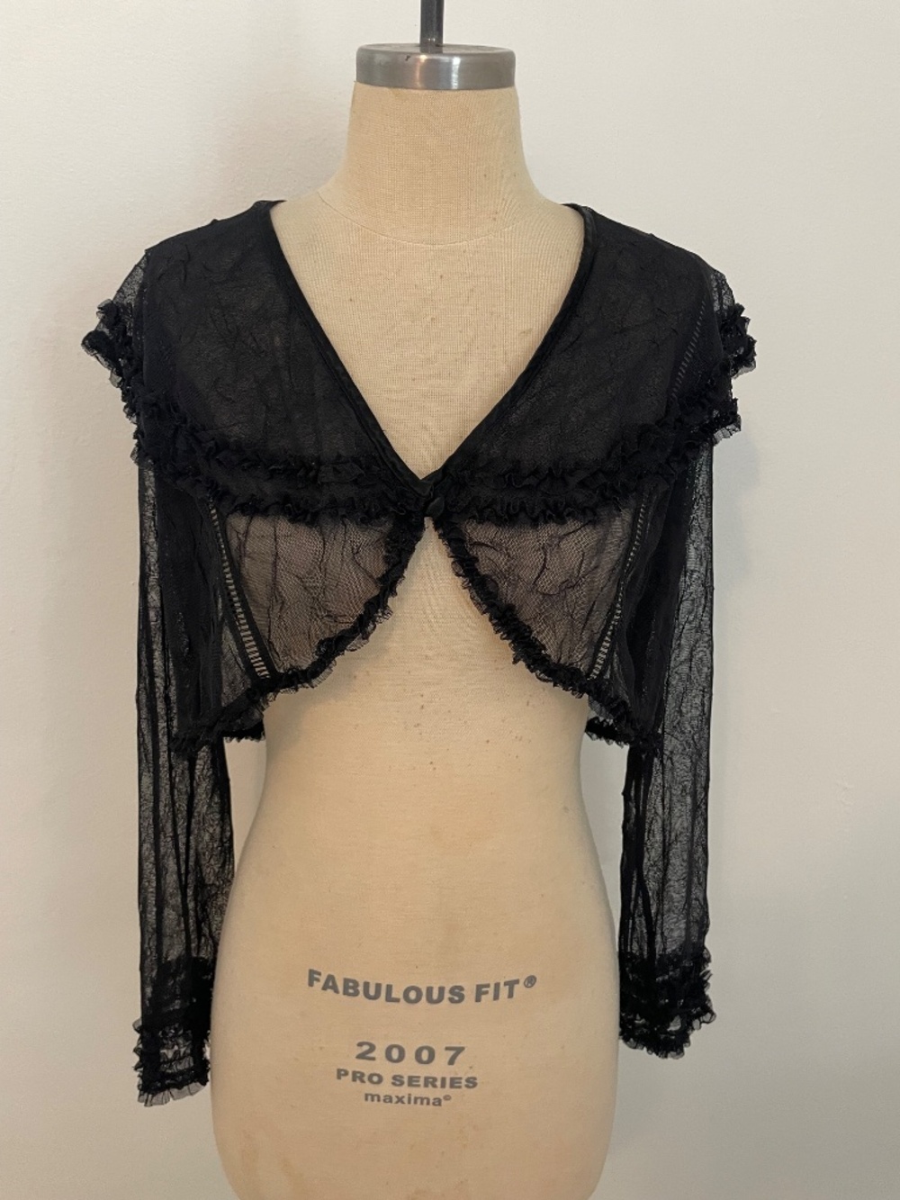 Vintage Sue Wong Black Cropped Mesh Bolero Shrug Top, Y2K 90s Gothic Size Small